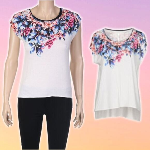 KAREN MILLEN Short Sleeve Floral Print T-Shirt Sz 6 High Low Hem - Picture 1 of 4